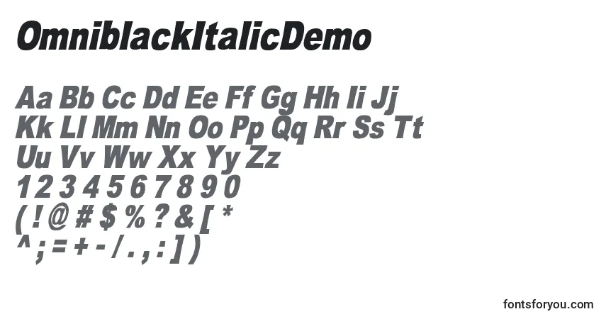 Шрифт OmniblackItalicDemo – алфавит, цифры, специальные символы