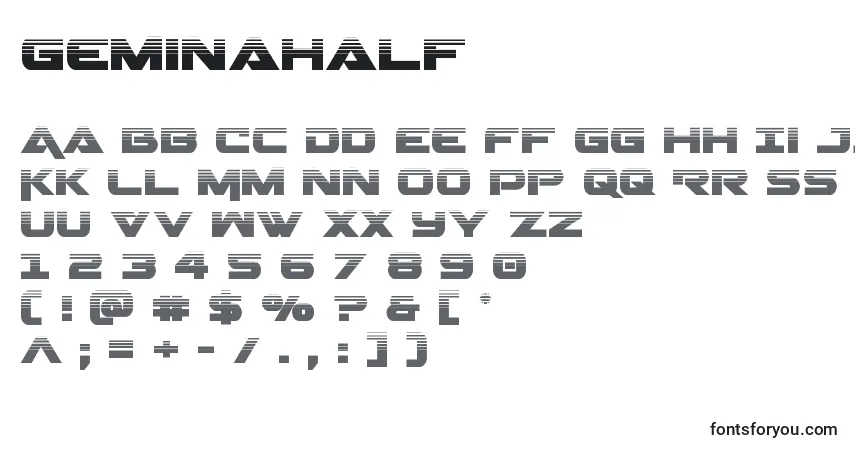 A fonte Geminahalf – alfabeto, números, caracteres especiais