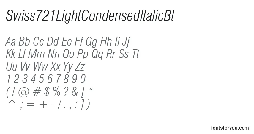 Шрифт Swiss721LightCondensedItalicBt – алфавит, цифры, специальные символы