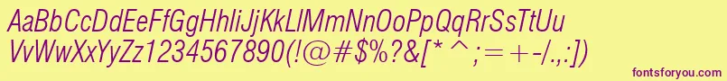 Swiss721LightCondensedItalicBt Font – Purple Fonts on Yellow Background