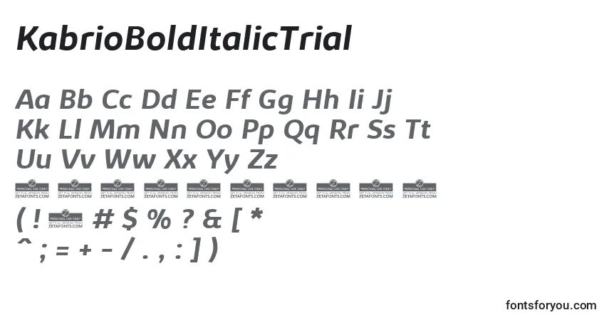 A fonte KabrioBoldItalicTrial – alfabeto, números, caracteres especiais
