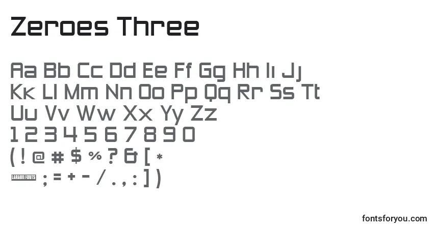 A fonte Zeroes Three – alfabeto, números, caracteres especiais