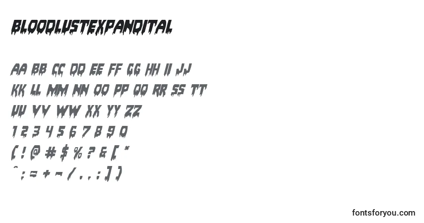 Шрифт Bloodlustexpandital – алфавит, цифры, специальные символы