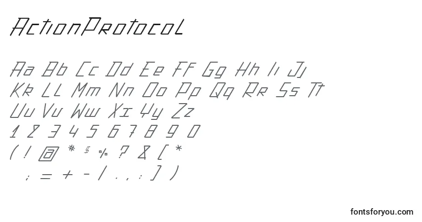 Czcionka ActionProtocol – alfabet, cyfry, specjalne znaki