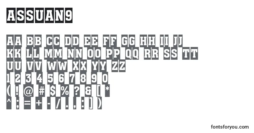 Czcionka Assuan9 – alfabet, cyfry, specjalne znaki