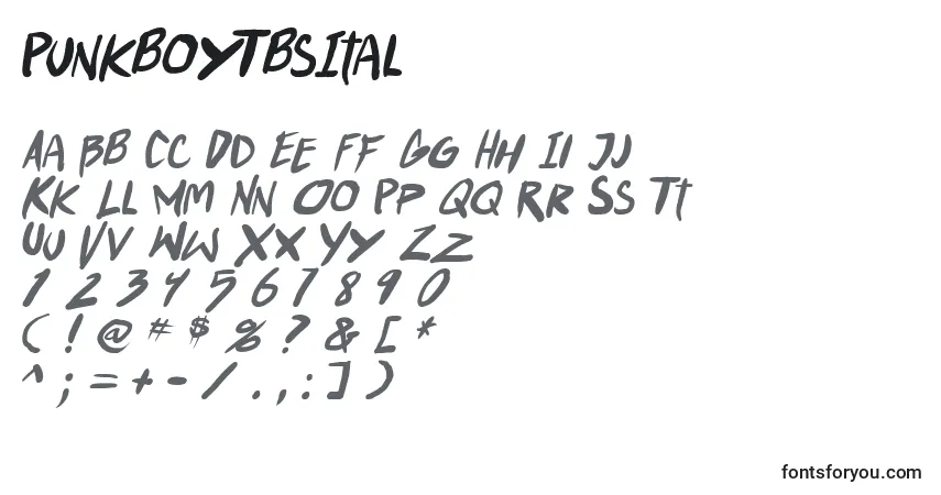 Czcionka PunkboyTbsItal – alfabet, cyfry, specjalne znaki