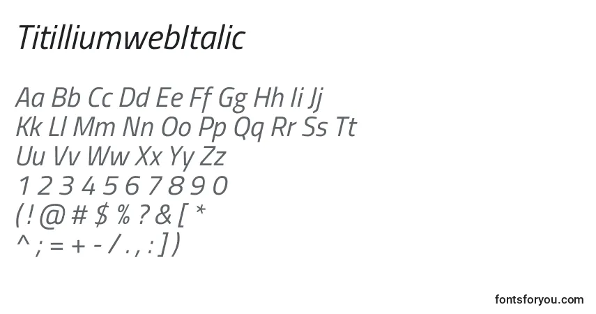 Czcionka TitilliumwebItalic – alfabet, cyfry, specjalne znaki