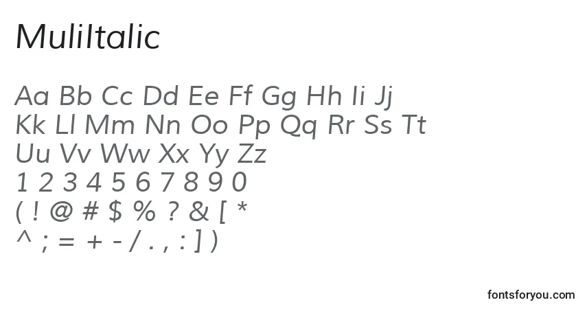 Czcionka MuliItalic – alfabet, cyfry, specjalne znaki