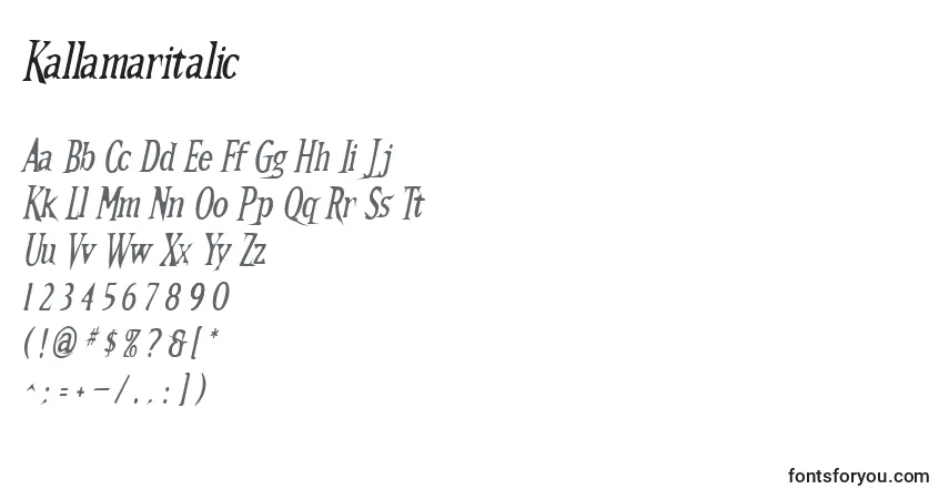 Czcionka Kallamaritalic – alfabet, cyfry, specjalne znaki