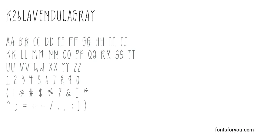 A fonte K26lavendulagray – alfabeto, números, caracteres especiais