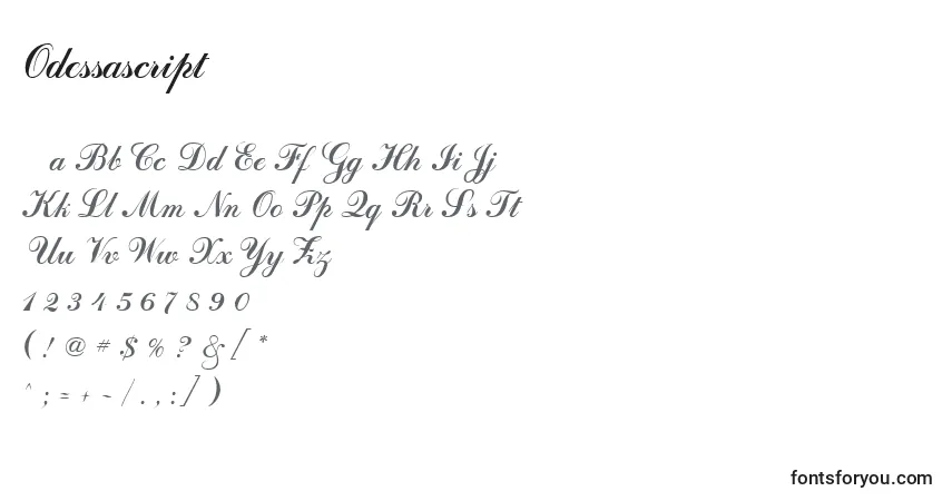 Czcionka Odessascript – alfabet, cyfry, specjalne znaki