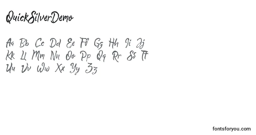 Czcionka QuickSilverDemo – alfabet, cyfry, specjalne znaki