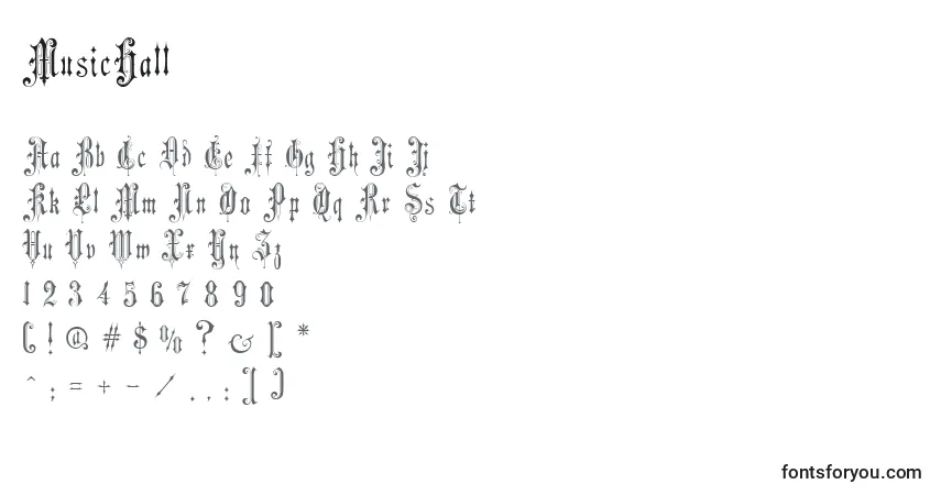 A fonte MusicHall – alfabeto, números, caracteres especiais