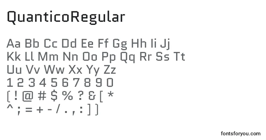Czcionka QuanticoRegular – alfabet, cyfry, specjalne znaki