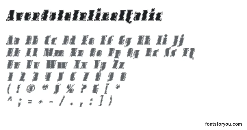 Schriftart AvondaleInlineItalic – Alphabet, Zahlen, spezielle Symbole