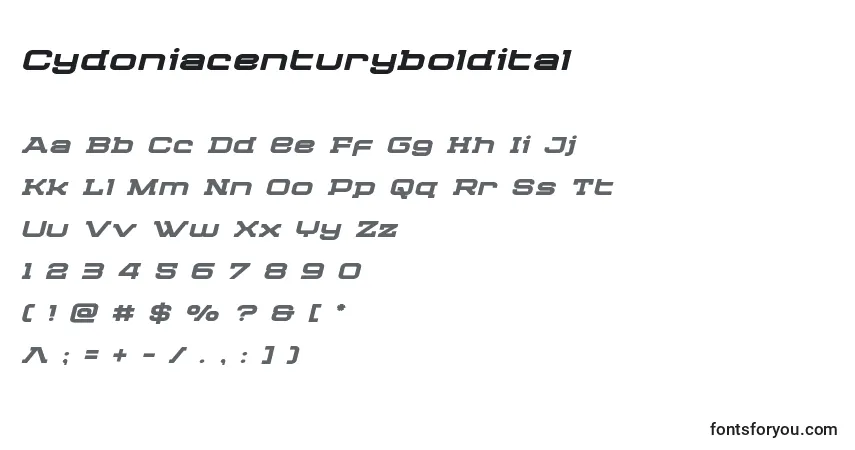 Czcionka Cydoniacenturyboldital – alfabet, cyfry, specjalne znaki