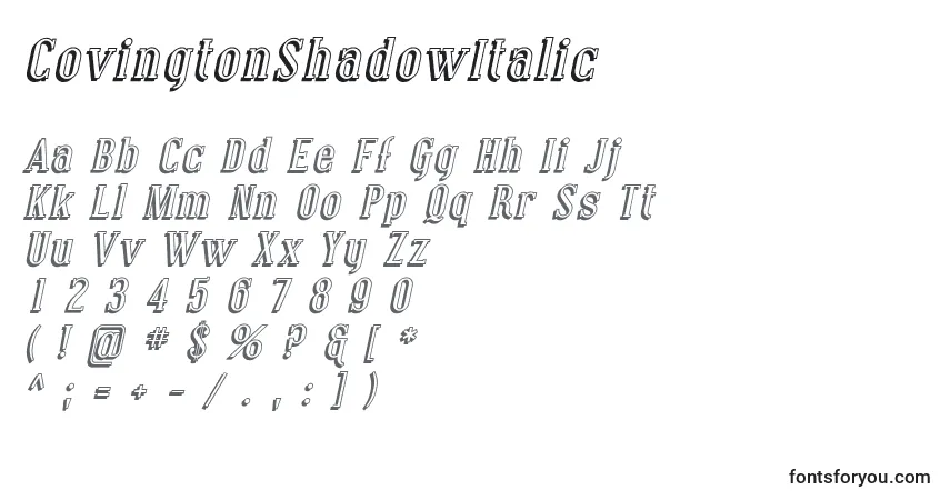 Czcionka CovingtonShadowItalic – alfabet, cyfry, specjalne znaki