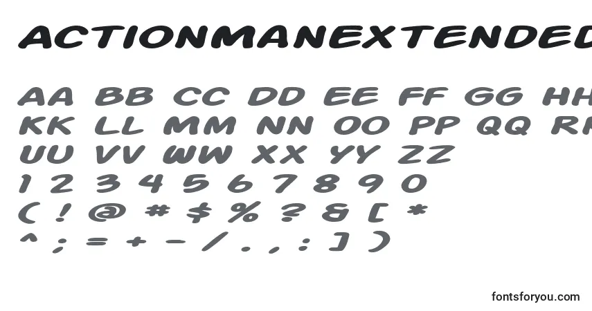 A fonte ActionManExtendedBoldItalic – alfabeto, números, caracteres especiais