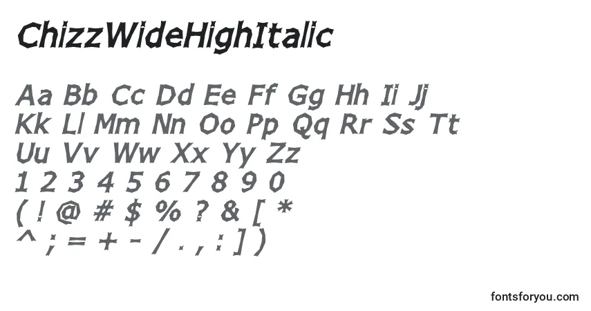 Czcionka ChizzWideHighItalic – alfabet, cyfry, specjalne znaki