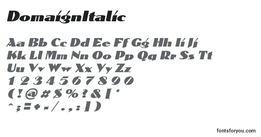 Czcionka DomaignItalic – alfabet, cyfry, specjalne znaki