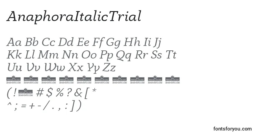 A fonte AnaphoraItalicTrial – alfabeto, números, caracteres especiais