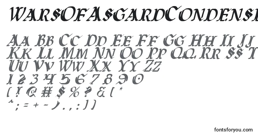 Schriftart WarsOfAsgardCondensedItalic – Alphabet, Zahlen, spezielle Symbole