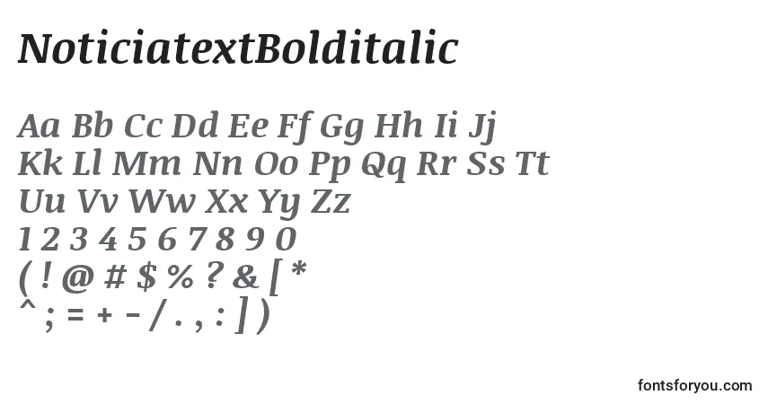 Шрифт NoticiatextBolditalic – алфавит, цифры, специальные символы