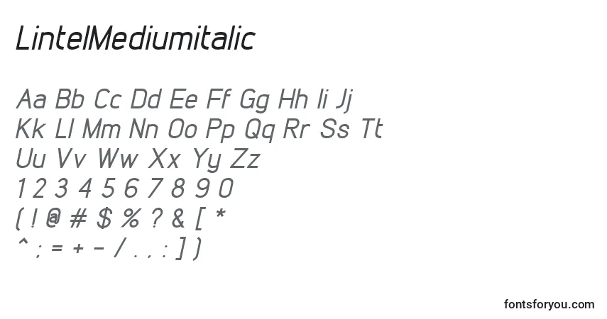 Шрифт LintelMediumitalic – алфавит, цифры, специальные символы