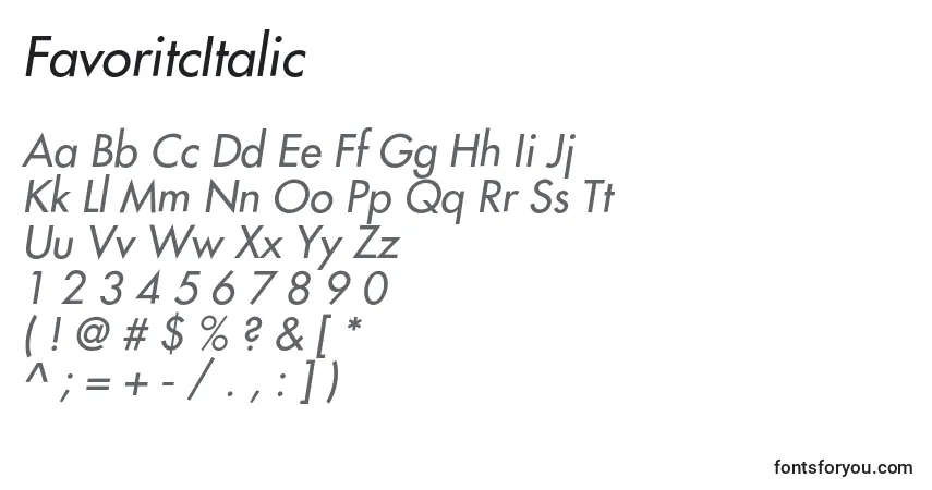 A fonte FavoritcItalic – alfabeto, números, caracteres especiais