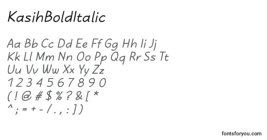 A fonte KasihBoldItalic – alfabeto, números, caracteres especiais