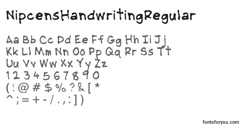 Czcionka NipcensHandwritingRegular – alfabet, cyfry, specjalne znaki