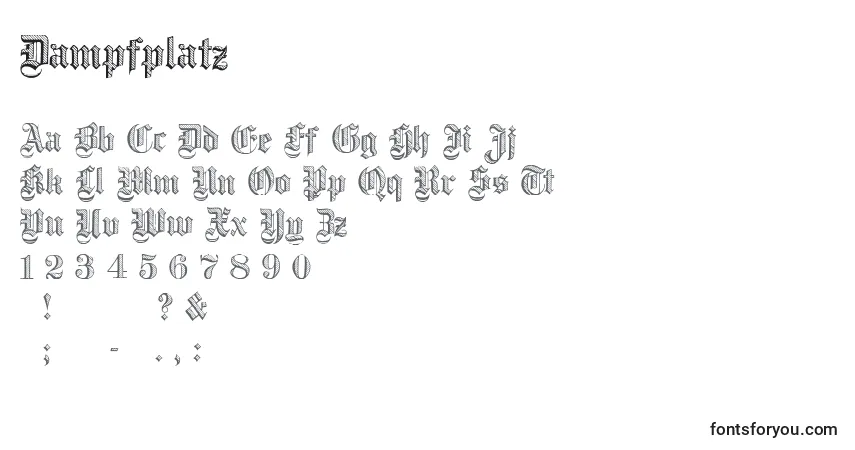 Czcionka Dampfplatz – alfabet, cyfry, specjalne znaki