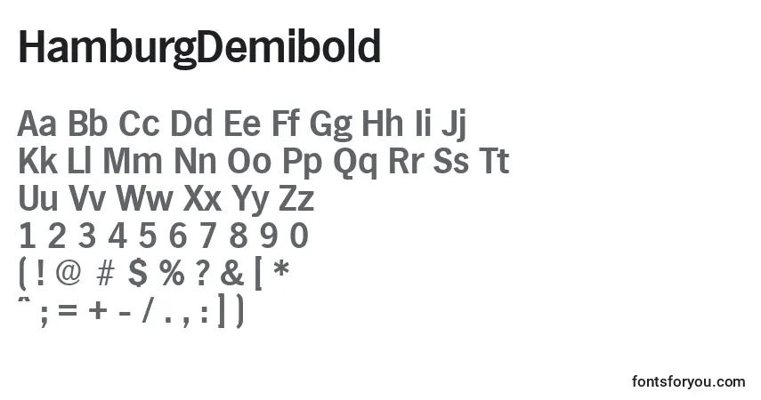 A fonte HamburgDemibold – alfabeto, números, caracteres especiais