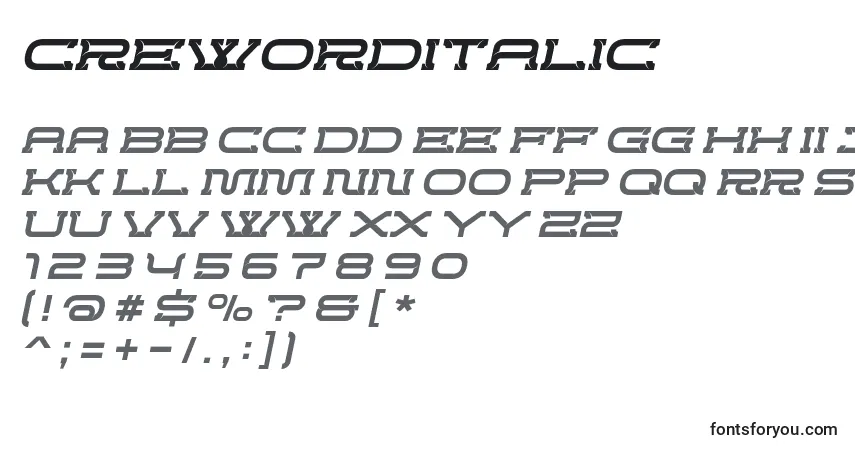 Czcionka CrewordItalic – alfabet, cyfry, specjalne znaki