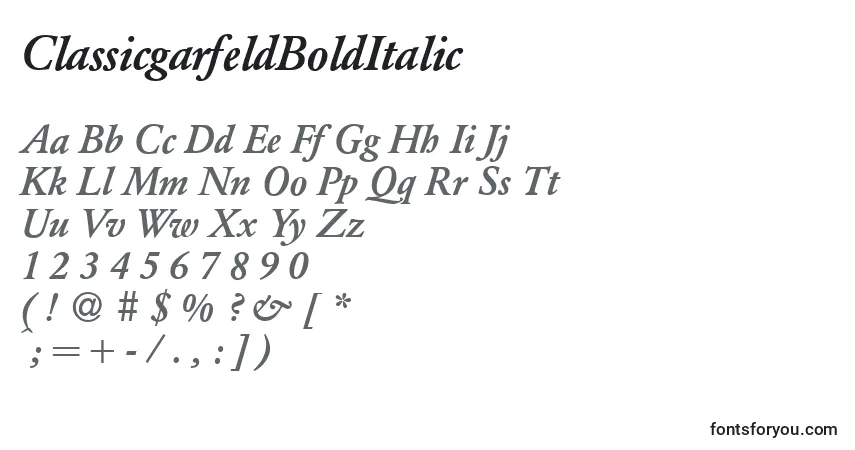 A fonte ClassicgarfeldBoldItalic – alfabeto, números, caracteres especiais