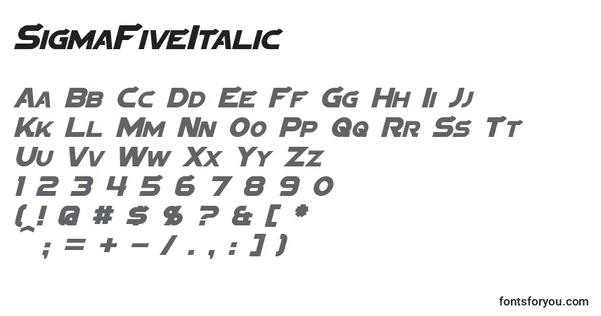 A fonte SigmaFiveItalic – alfabeto, números, caracteres especiais