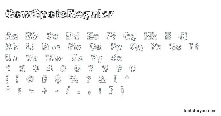 Schriftart CowSpotsRegular – Alphabet, Zahlen, spezielle Symbole