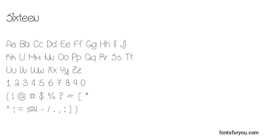 Czcionka Sixteen – alfabet, cyfry, specjalne znaki