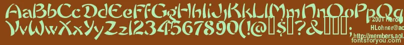 フォントChowfun ffy – 緑色の文字が茶色の背景にあります。