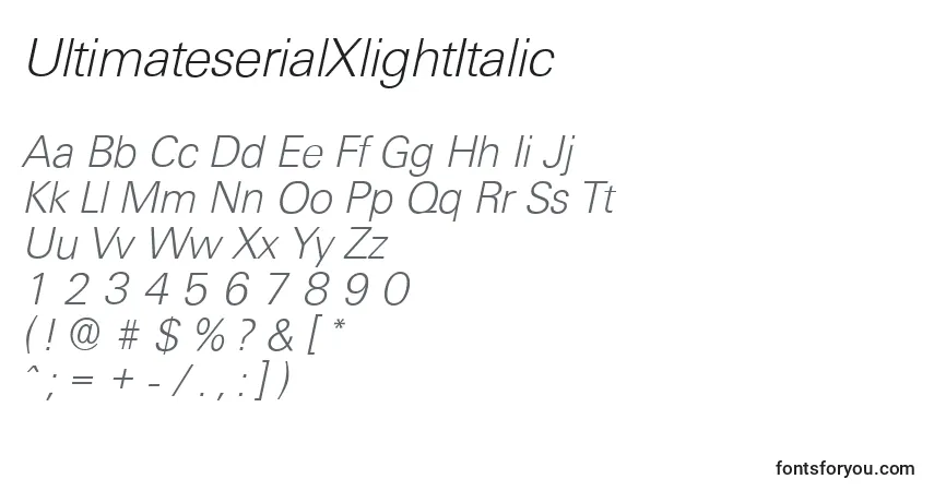 Schriftart UltimateserialXlightItalic – Alphabet, Zahlen, spezielle Symbole