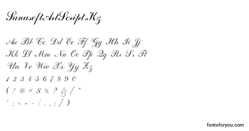 Czcionka SanasoftArtScript.Kz – alfabet, cyfry, specjalne znaki