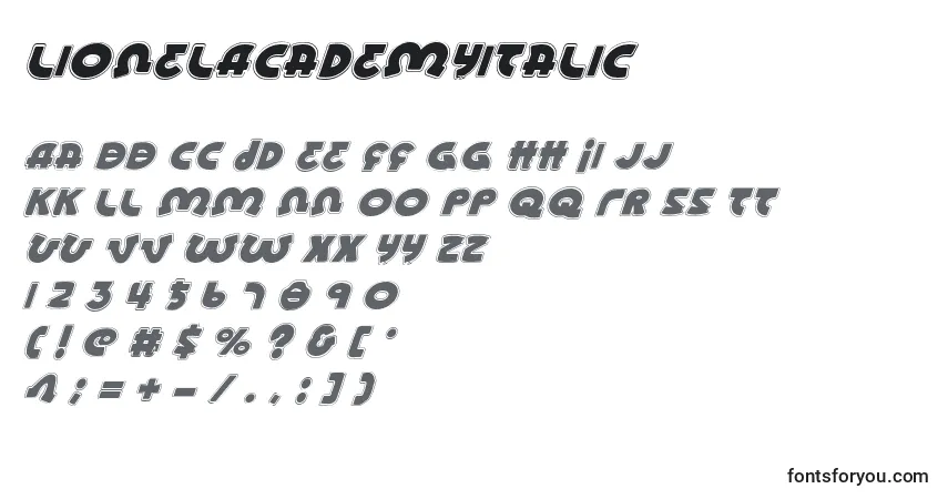 Czcionka LionelAcademyitalic – alfabet, cyfry, specjalne znaki