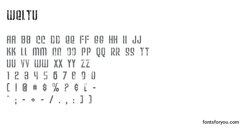 Schriftart Weltu – Alphabet, Zahlen, spezielle Symbole
