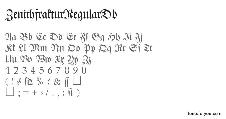 Czcionka ZenithfrakturRegularDb – alfabet, cyfry, specjalne znaki