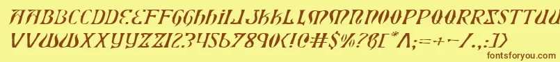 フォントXiphoseli – 茶色の文字が黄色の背景にあります。