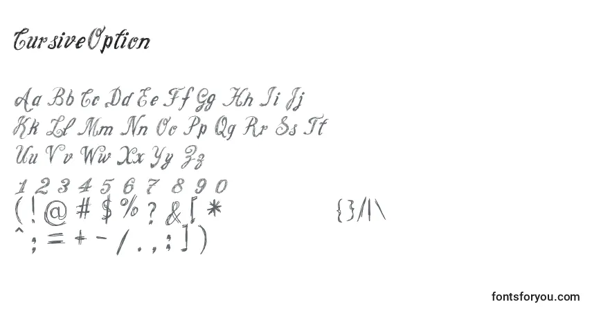 A fonte CursiveOption – alfabeto, números, caracteres especiais