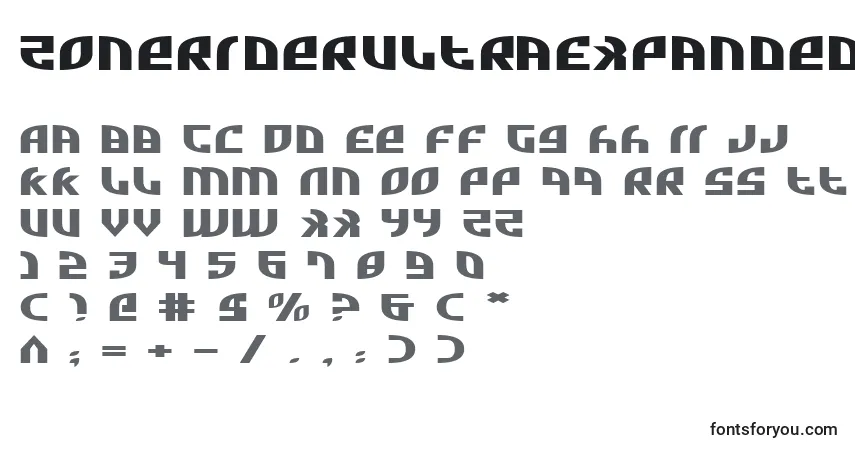 Schriftart ZoneRiderUltraExpanded – Alphabet, Zahlen, spezielle Symbole