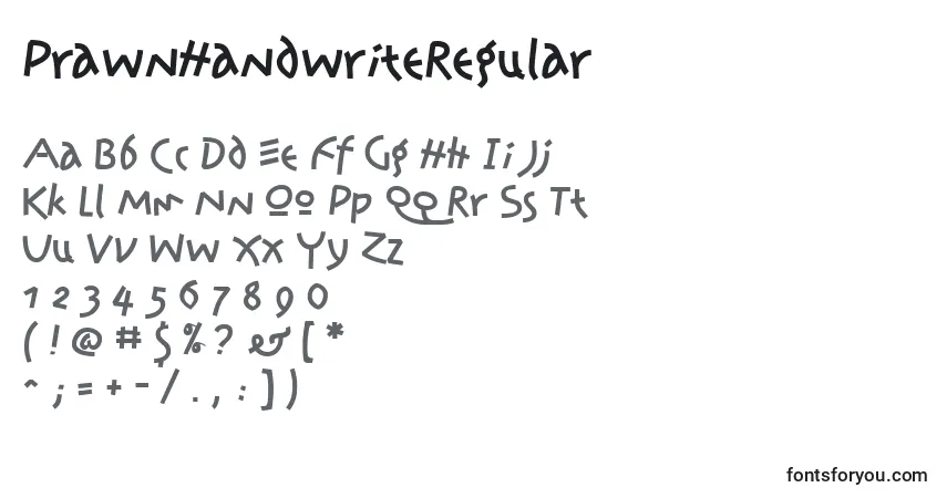 A fonte PrawnHandwriteRegular – alfabeto, números, caracteres especiais