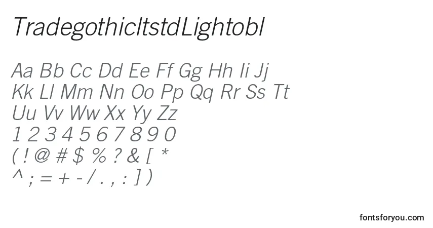 A fonte TradegothicltstdLightobl – alfabeto, números, caracteres especiais