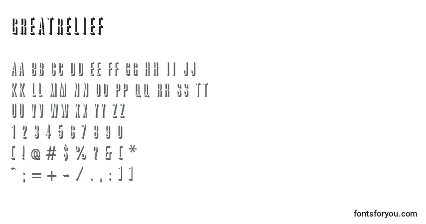 A fonte GreatRelief – alfabeto, números, caracteres especiais